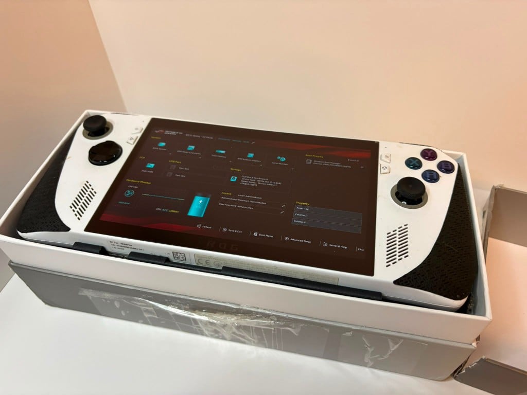 ASUS ROG Ally in packaging showing system information